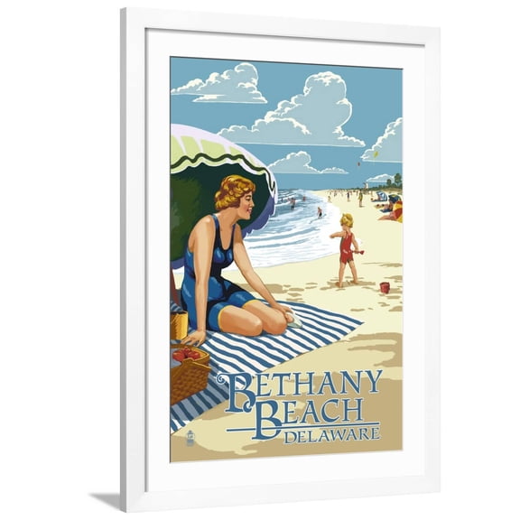 Art.com Bethany Beach, Delaware - Woman on Beach Art Print by Lantern Press, White Frame Wall Art, 32" x 44"