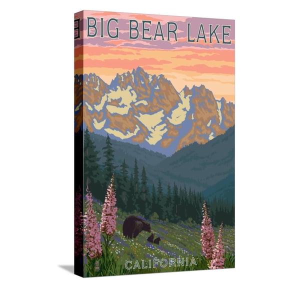Art.com Big Bear Lake, California - Bears and Spring Flowers Stretched Canvas Print Wall Art by Lantern Press, 12" x 18"