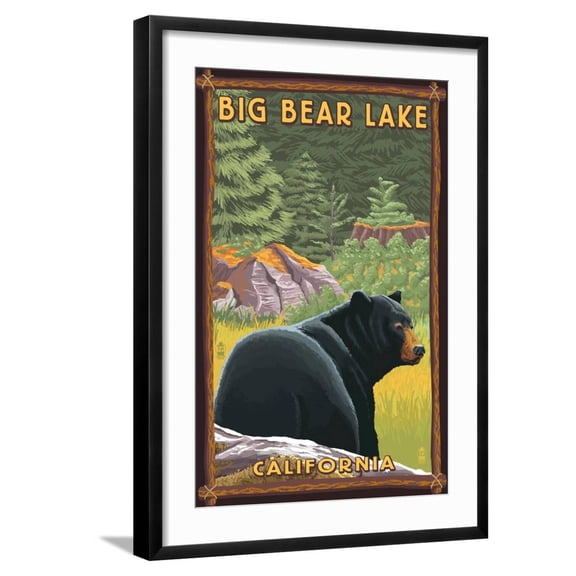 Art.com Big Bear Lake, California - Black Bear in Forest Art Print by Lantern Press, Black Frame Wall Art, 21" x 29"
