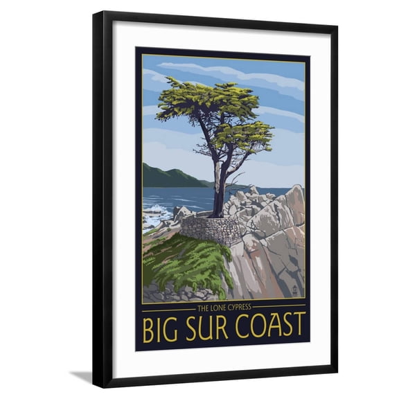 Art.com Big Sur Coast, California - Lone Cypress Tree Art Print by Lantern Press, Black Frame Wall Art, 21" x 29"