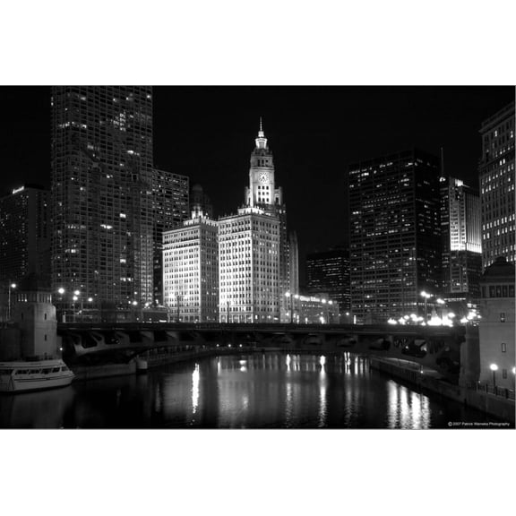 Art.com Black And White Of Chicago River Stretched Canvas Print Wall Art by Patrick Warneka, 18" x 12"
