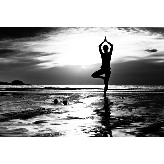 Art.com Black And White Picture: Young Woman Practicing Yoga On The Beach At Sunset Art Print by De Visu, 24" x 16"