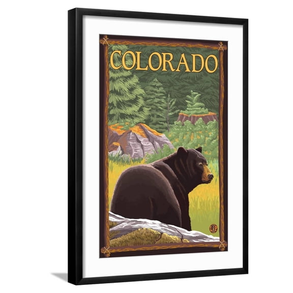 Art.com Black Bear in Forest - Colorado Art Print by Lantern Press, Black Frame Wall Art, 21" x 29"