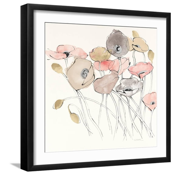 Art.com Black Line Poppies I Watercolor Neutral Art Print by Shirley Novak, Black Frame Wall Art, 21" x 21"