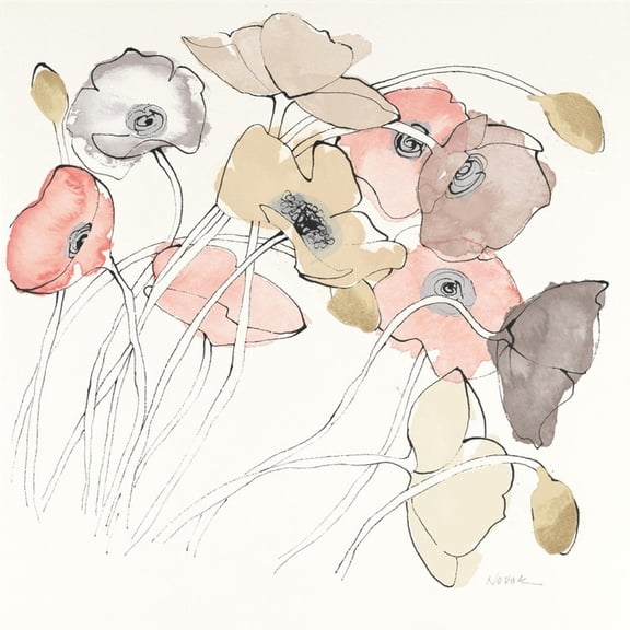 Art.com Black Line Poppies II Watercolor Neutral Art Print by Shirley Novak, 30" x 30"