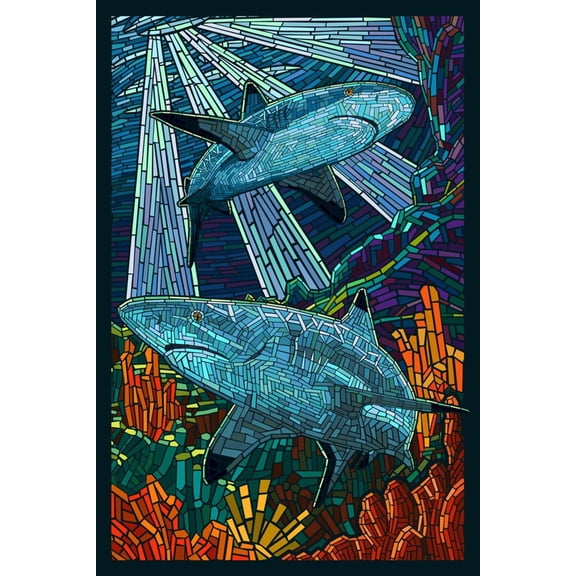 Art.com Black Tip Reef Shark - Paper Mosaic Art Print by Lantern Press, 12" x 18"