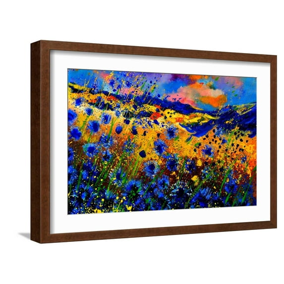 Art.com Blue Cornflowers 756 Art Print by Pol Ledent, Brown Frame Wall Art, 23" x 17"