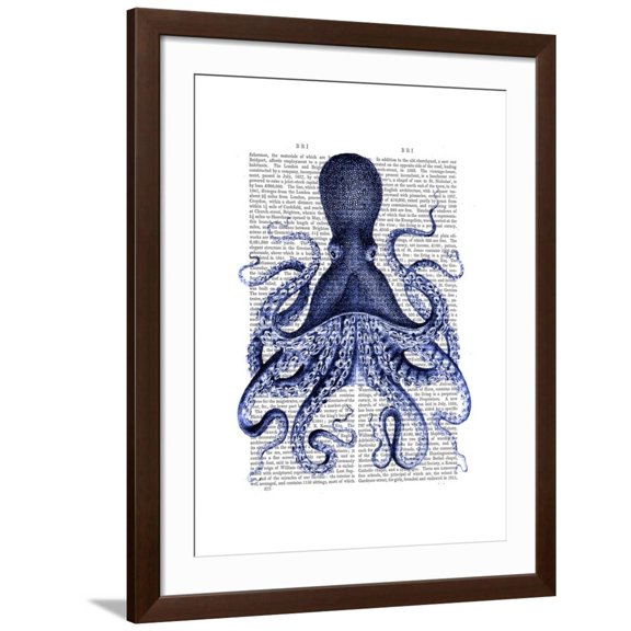 Art.com Blue Octopus 3 Art Print by Fab Funky, Brown Frame Wall Art, 32" x 40"