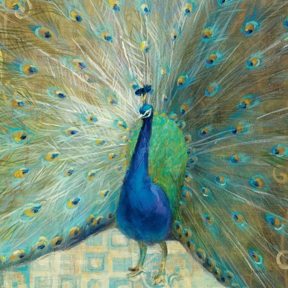 Art.com Blue Peacock on Gold Art Print by Danhui Nai, 24" x 24"