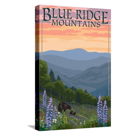 Art.com Blue Ridge Mountains - Bear Family and Spring Flowers Stretched Canvas Print Wall Art by Lantern Press, 12" x 18"
