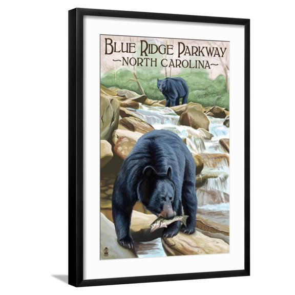 Art.com Blue Ridge Parkway, North Carolina - Black Bears Fishing Art Print by Lantern Press, Black Frame Wall Art, 21" x 29"
