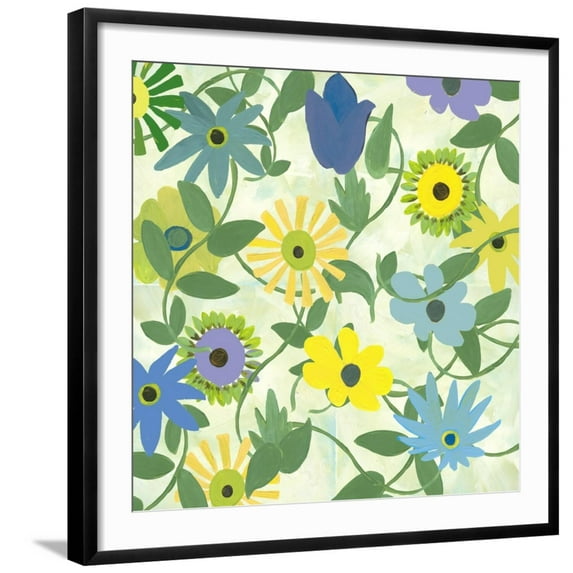 Art.com Blue and Green Flowers Art Print by Jan Weiss, Black Frame Wall Art, 29" x 29"