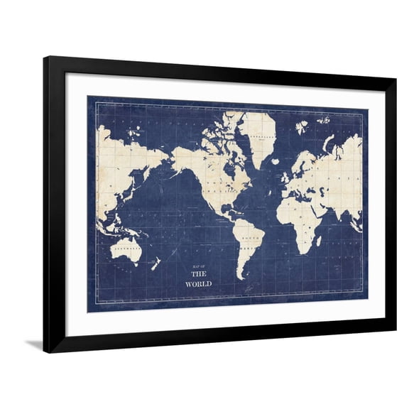 Art.com Blueprint World Map Art Print by Sue Schlabach, Black Frame Wall Art, 44" x 32"