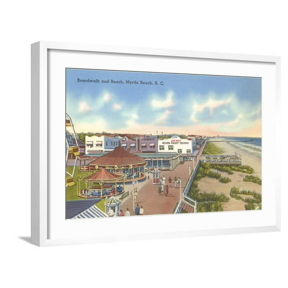 Art.com Boardwalk and Beach, Myrtle Beach, South Carolina Art Print, White Frame Wall Art, 29" x 21"