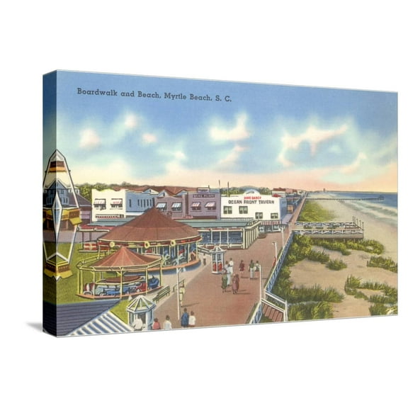 Art.com Boardwalk and Beach, Myrtle Beach, South Carolina Stretched Canvas Print Wall Art, 24" x 16"