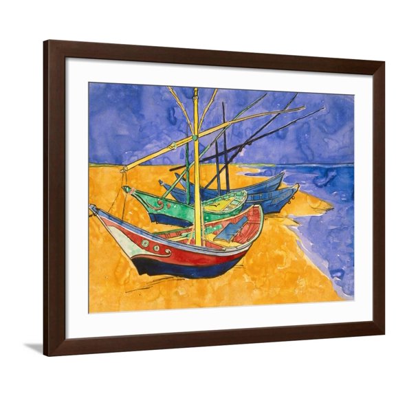 Art.com Boats on the Beach of Les-Saintes-Maries, 1888 Giclee Print by Vincent van Gogh, Brown Frame Wall Art, 40" x 32"
