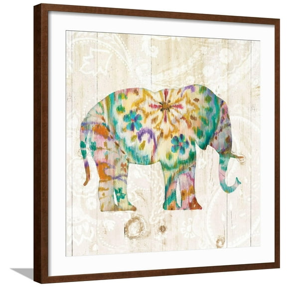 Art.com Boho Paisley Elephant I Art Print by Danhui Nai, Brown Frame Wall Art, 29" x 29"