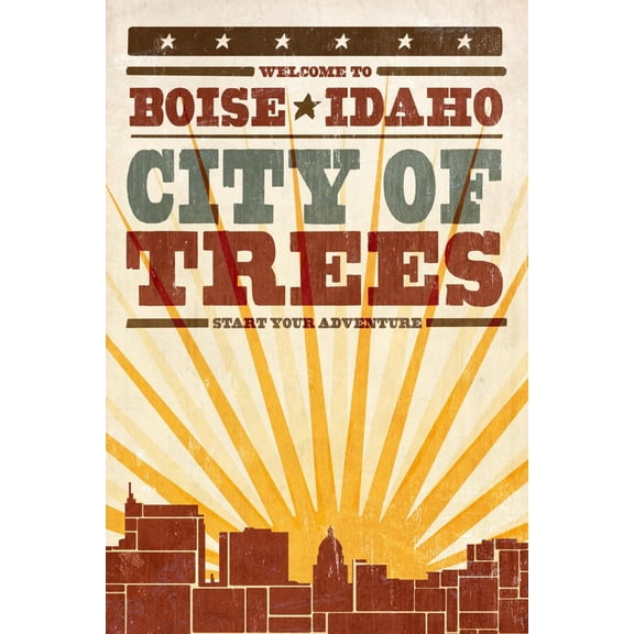 Art.com Boise, Idaho - Skyline and Sunburst Screenprint Style Art Print by Lantern Press, 16" x 24"