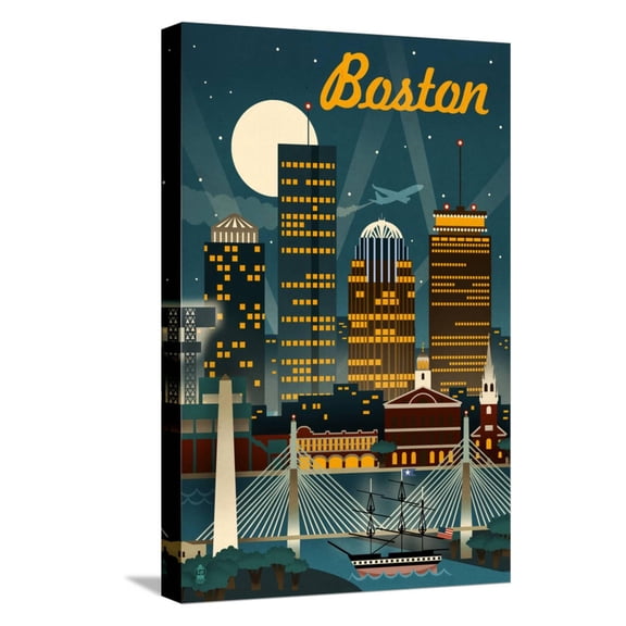Art.com Boston, Massachusetts - Retro Skyline Stretched Canvas Print Wall Art by Lantern Press, 12" x 18"