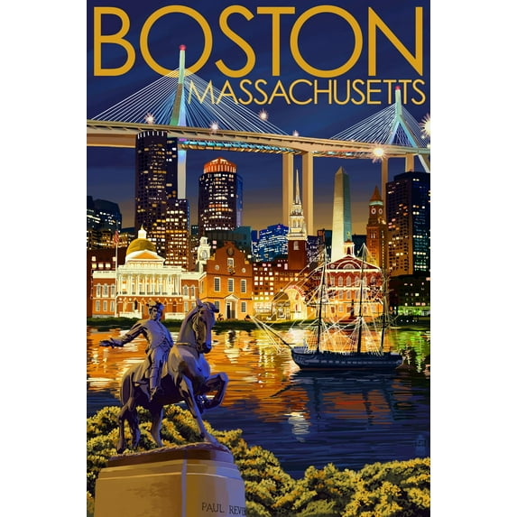 Art.com Boston, Massachusetts - Skyline at Night Art Print by Lantern Press, 24" x 36"