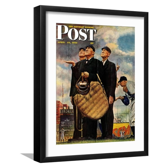 Art.com Bottom of the Sixth (Three Umpires) Saturday Evening Post Cover, April 23,1949 Giclee Print by Norman Rockwell, Black Frame Wall Art, 17" x 21"