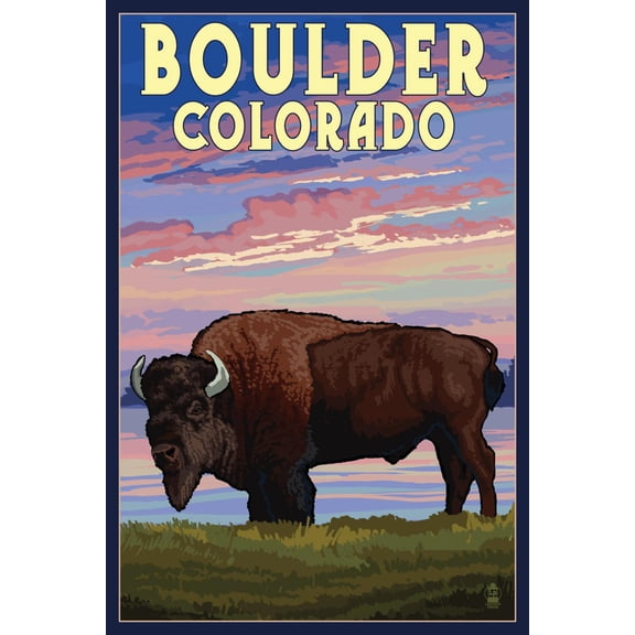 Art.com Boulder, Colorado - Bison and Sunset Art Print by Lantern Press, 12" x 18"
