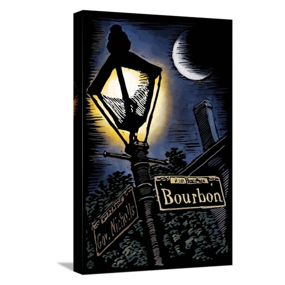Art.com Bourbon Street - New Orleans, Louisiana - Scratchboard Stretched Canvas Print Wall Art by Lantern Press, 12" x 18"