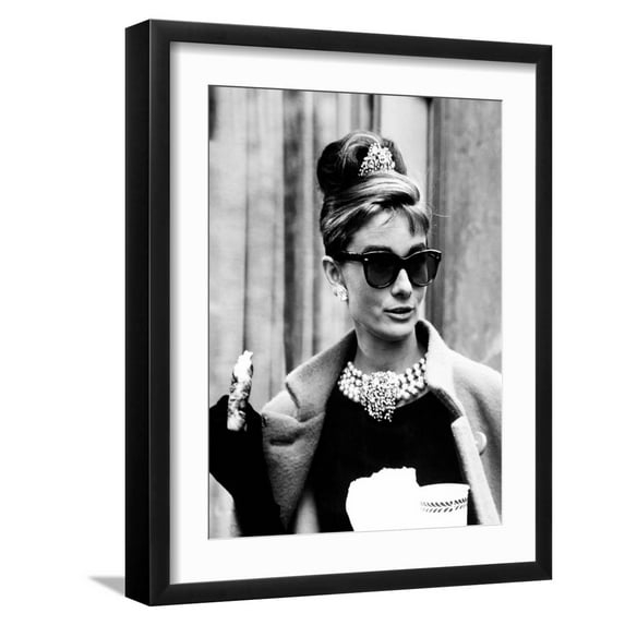 Art.com Breakfast at Tiffany's, Audrey Hepburn Eating Between Scenes on Set, 1961 Photo, Black Frame Wall Art, 17" x 21"