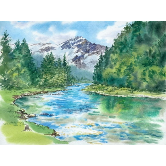 Art.com Bright Day, Blue Sky, Clouds, Mountains, Rocks, Snow, Ice, Greeen Hills, Woods, River, Watercolor L Art Print, 32" x 24"