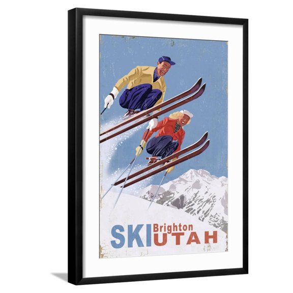 Art.com Brighton, Utah - Vintage Skiers Art Print by Lantern Press, Black Frame Wall Art, 21" x 29"