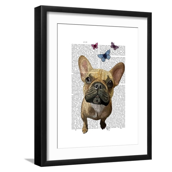 Art.com Brown French Bulldog and Butterflies Art Print by Fab Funky, Black Frame Wall Art, 17" x 21"