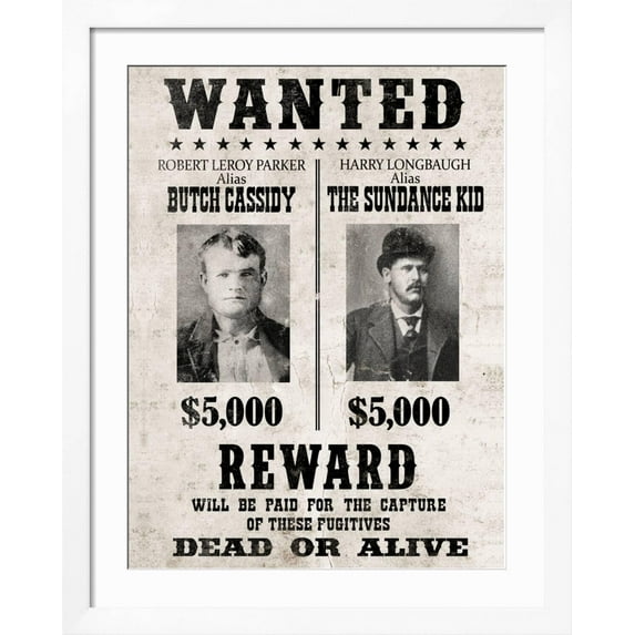 Art.com Butch Cassidy and The Sundance Kid Wanted Art Print, White Frame Wall Art, 32" x 40"