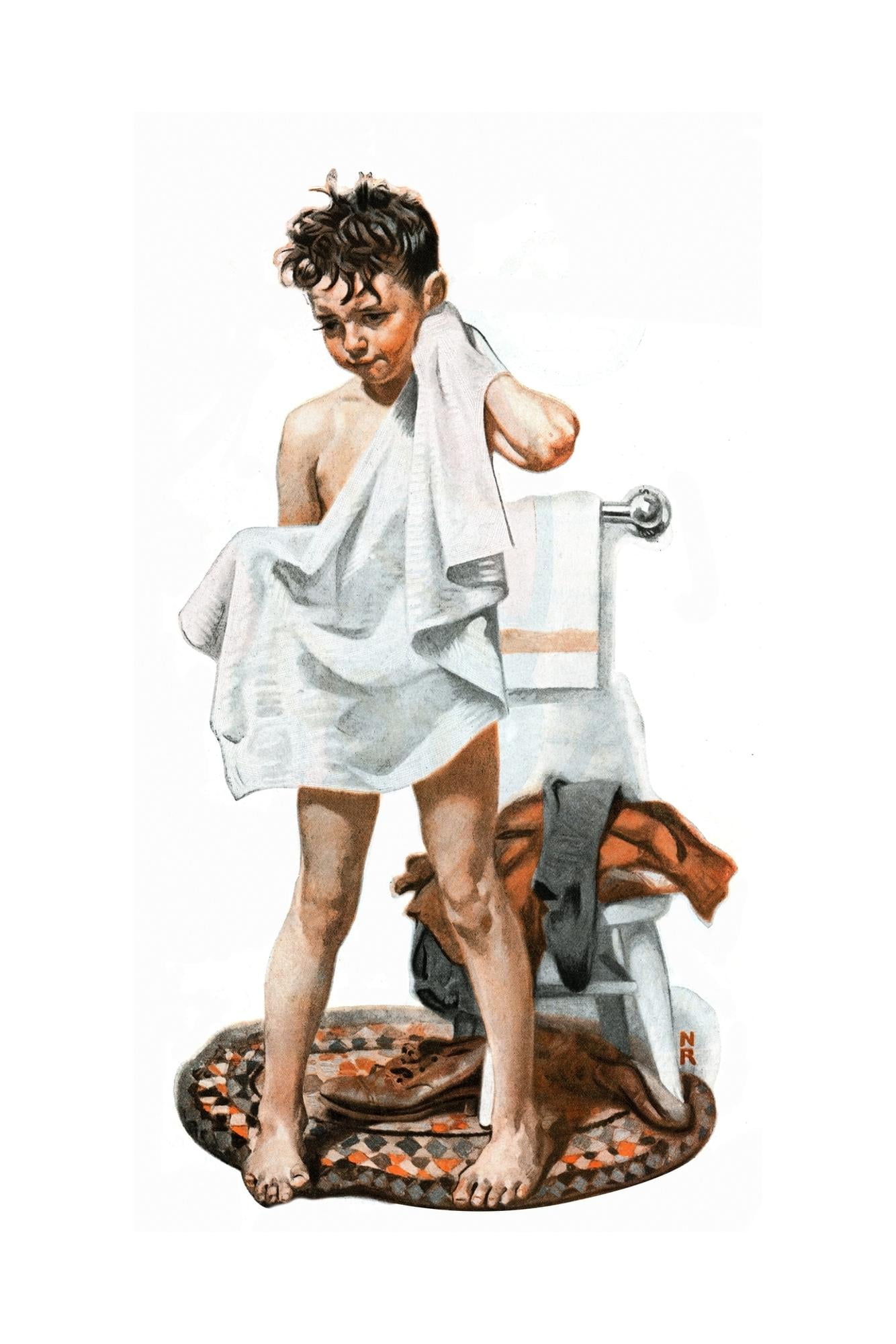31+ Norman Rockwell "Boy Drying Off" Wall Art Print - 12x16 Inch (30x40cm) Canvas Poster, Vintage Decor For Bedroom & Bathroom