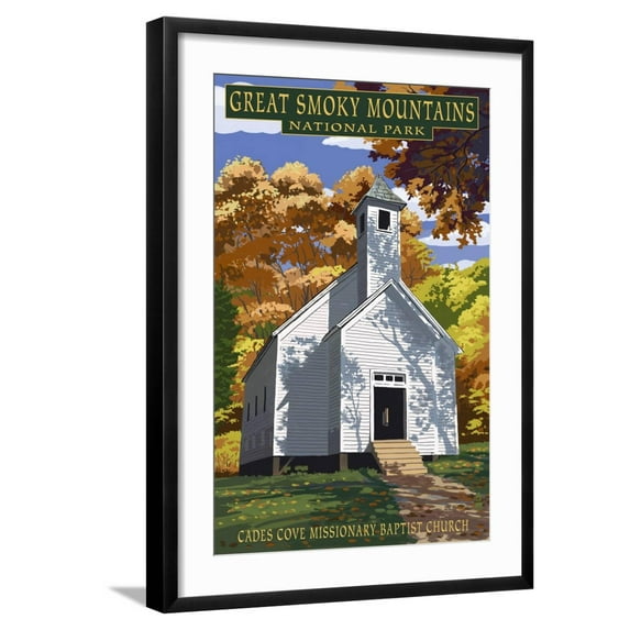 Art.com Cades Cove Baptist Church - Great Smoky Mountains National Park, TN Art Print by Lantern Press, Black Frame Wall Art, 21" x 29"