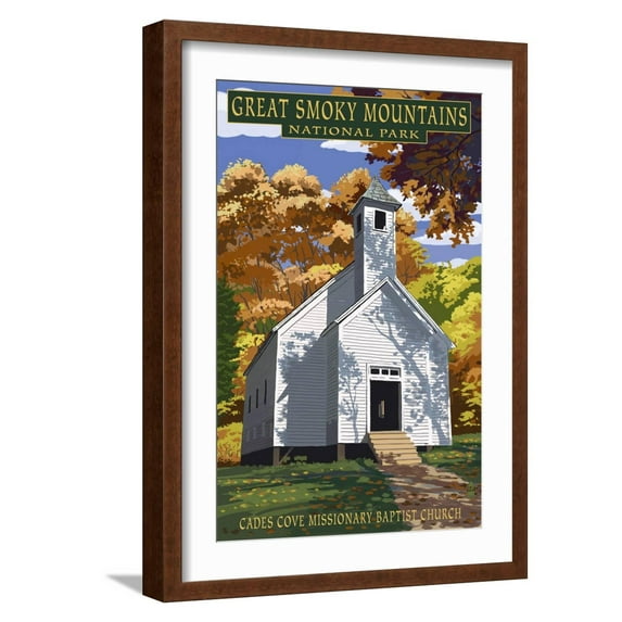 Art.com Cades Cove Baptist Church - Great Smoky Mountains National Park, TN Art Print by Lantern Press, Brown Frame Wall Art, 17" x 23"