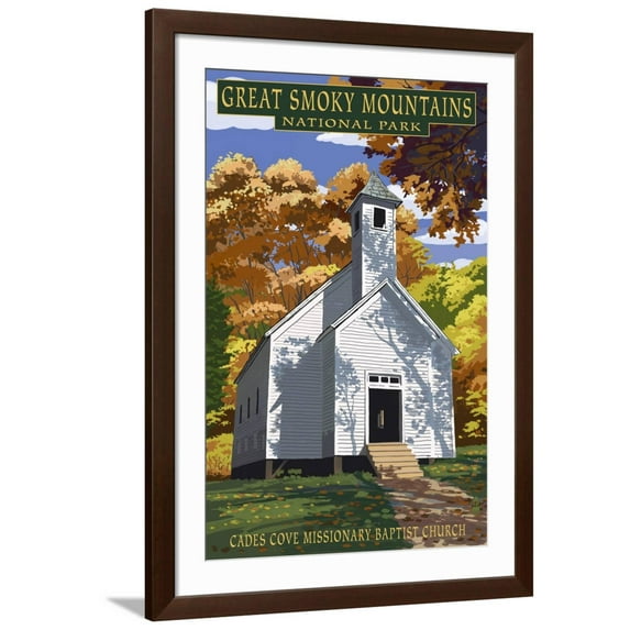 Art.com Cades Cove Baptist Church - Great Smoky Mountains National Park, TN Art Print by Lantern Press, Brown Frame Wall Art, 32" x 44"