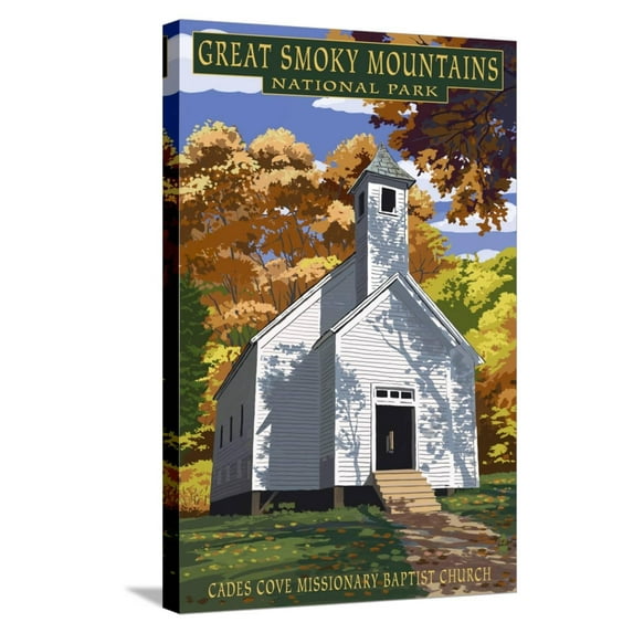 Art.com Cades Cove Baptist Church - Great Smoky Mountains National Park, TN Stretched Canvas Print Wall Art by Lantern Press, 16" x 24"