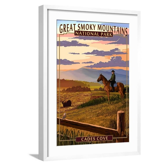 Art.com Cades Cove and Horse - Great Smoky Mountains National Park, TN Art Print by Lantern Press, White Frame Wall Art, 21" x 29"