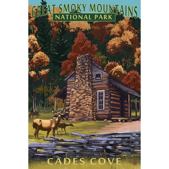 Art.com Cades Cove and John Oliver Cabin - Great Smoky Mountains National Park, TN Art Print by Lantern Press, 16" x 24"