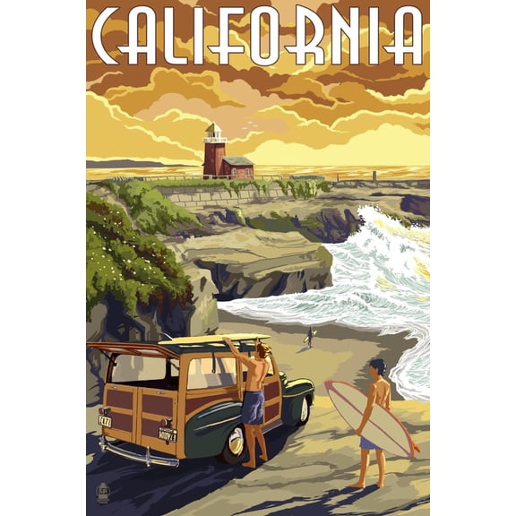 Art.com California Coast - Woody and Lighthouse Art Print by Lantern Press, 12" x 18"