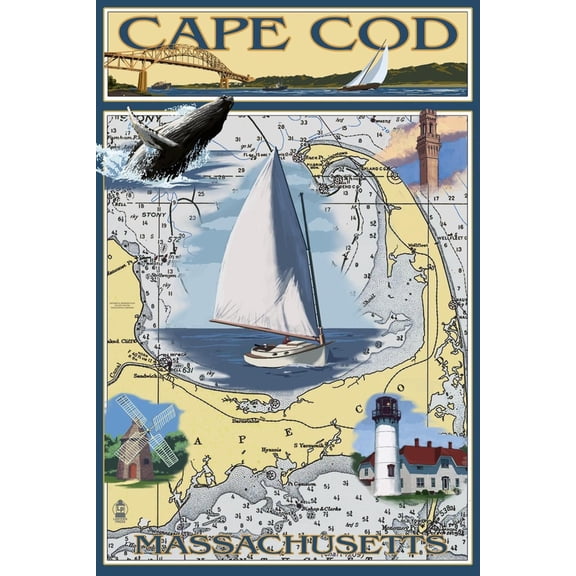 Art.com Cape Cod, Massachusetts Chart & Views Art Print by Lantern Press, 24" x 36"