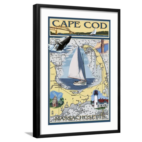 Art.com Cape Cod, Massachusetts Chart & Views Art Print by Lantern Press, Black Frame Wall Art, 21" x 29"