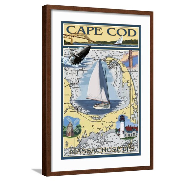 Art.com Cape Cod, Massachusetts Chart & Views Art Print by Lantern Press, Brown Frame Wall Art, 21" x 29"