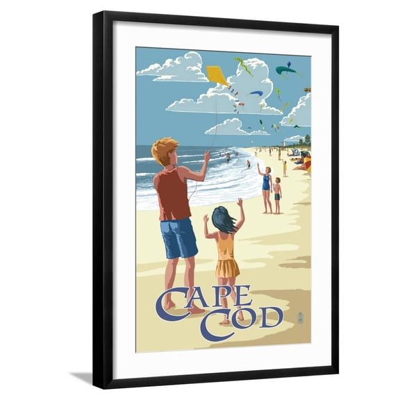 Art.com Cape Cod, Massachusetts - Kite Flyers Art Print by Lantern Press, Black Frame Wall Art, 21" x 29"