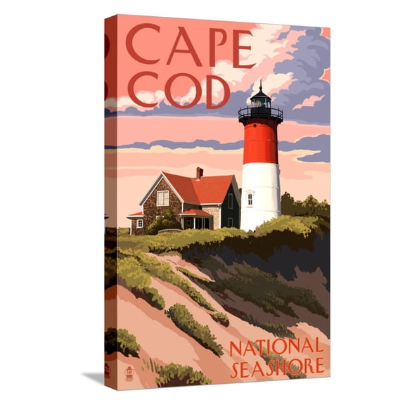 Art.com Cape Cod National Seashore - Nauset Light and Sunset Stretched Canvas Print Wall Art by Lantern Press, 12" x 18"