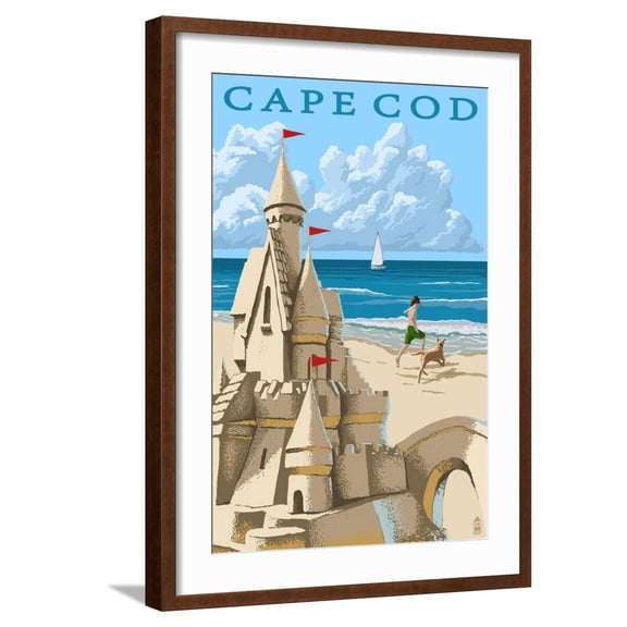 Art.com Cape Cod - Sand Castle Art Print by Lantern Press, Brown Frame Wall Art, 21" x 29"