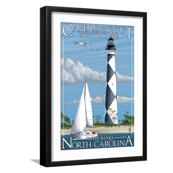 Art.com Cape Lookout Lighthouse - Outer Banks, North Carolina Art Print by Lantern Press, Black Frame Wall Art, 17" x 23"