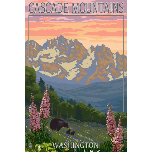Art.com Cascade Mountains, Washington - Bears and Spring Flowers Art Print by Lantern Press, 12" x 18"