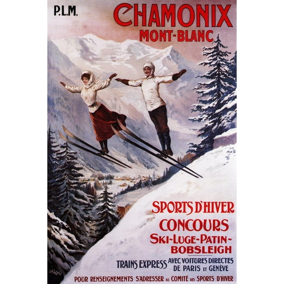Art.com Chamonix Mont-Blanc, France - Skiing Promotional Poster Art Print by Lantern Press, 12" x 18"