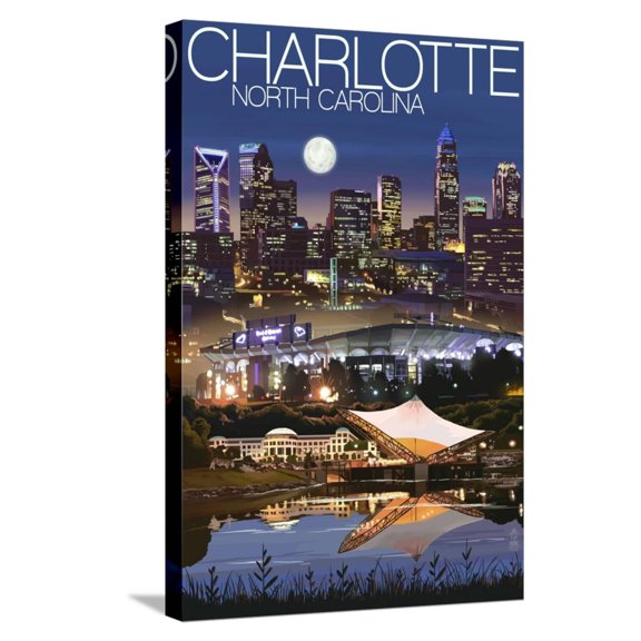 Art.com Charlotte, North Carolina - Skyline at Night Stretched Canvas Print Wall Art by Lantern Press, 16" x 24"